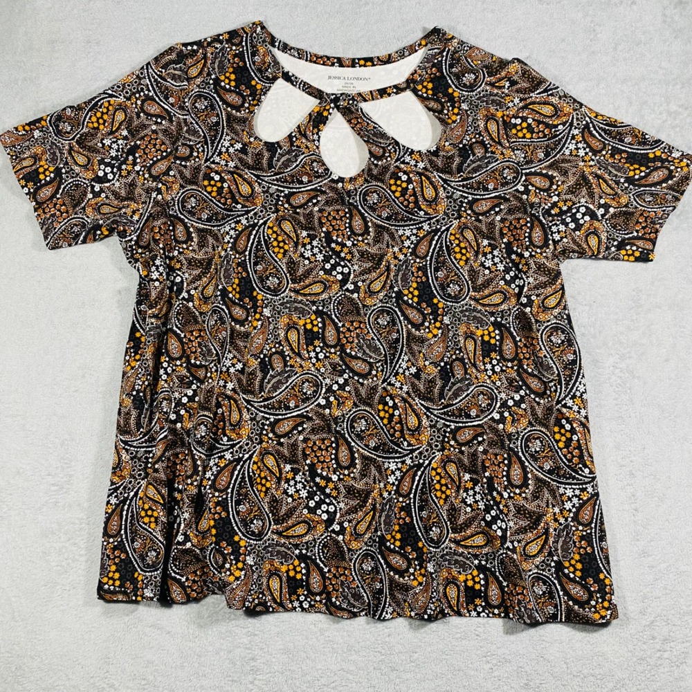 Jessica London Paisley Top Women 26/28 Brown Multi Cutout Neck Short Sleeve